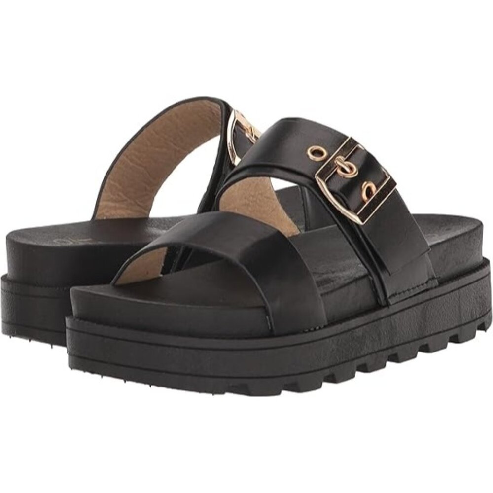 NIB Yoki Fergie Platform Sandals Womens 10 Black Slip On Casual Travel Buckle